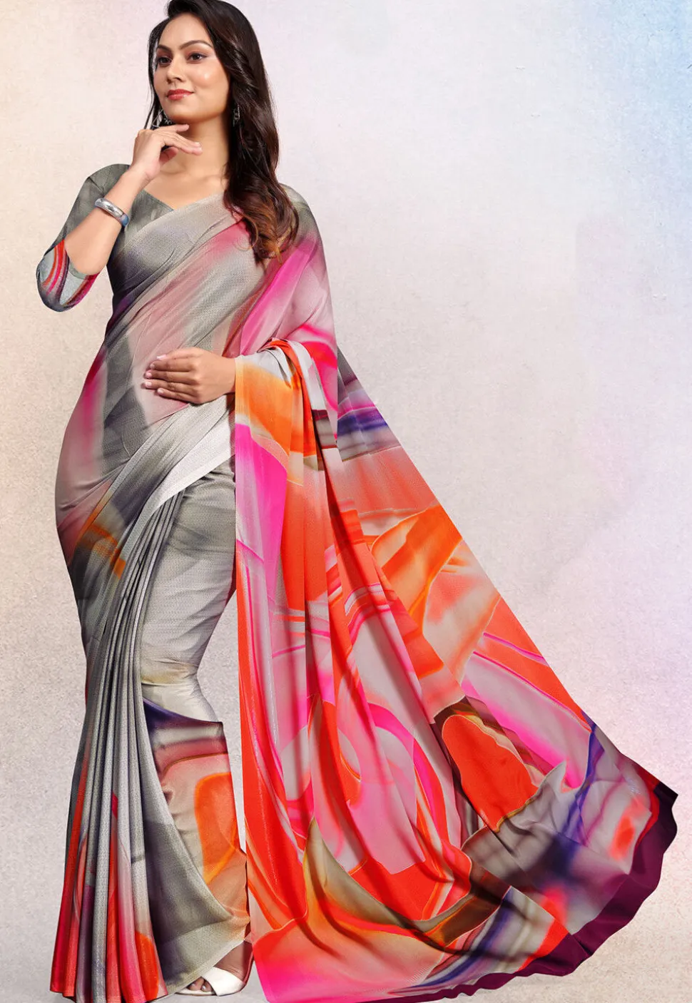 Digital Printed Crepe Saree in Grey