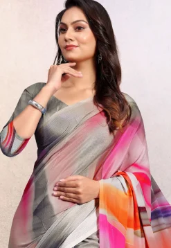 Digital Printed Crepe Saree in Grey