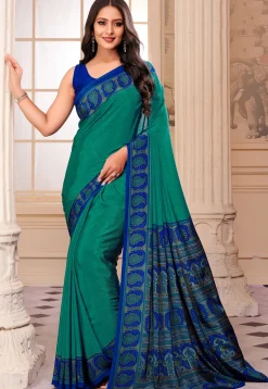 Digital Printed Crepe Saree in Teal Green