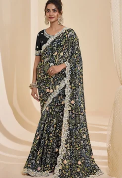 Digital Printed Crepe Scalloped Saree in Black