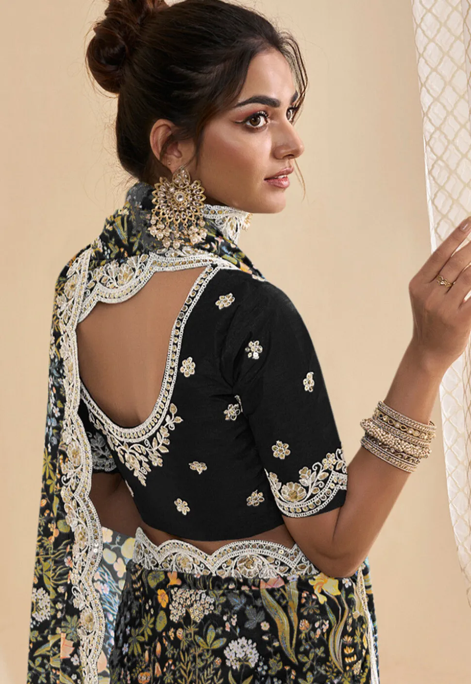 Digital Printed Crepe Scalloped Saree in Black