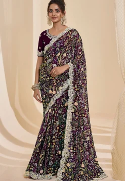 Digital Printed Crepe Scalloped Saree in Wine
