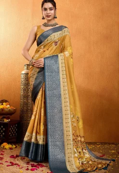 Digital Printed Crepe Silk Saree in Mustard