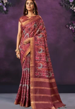 Digital Printed Crepe Silk Saree in Maroon