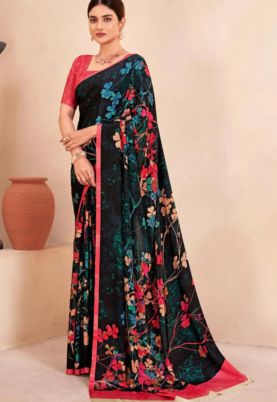 Digital Printed Crepe Silk Saree in Black and Multicolor