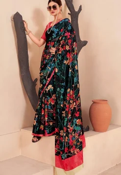Digital Printed Crepe Silk Saree in Black and Multicolor