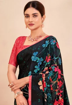 Digital Printed Crepe Silk Saree in Black and Multicolor
