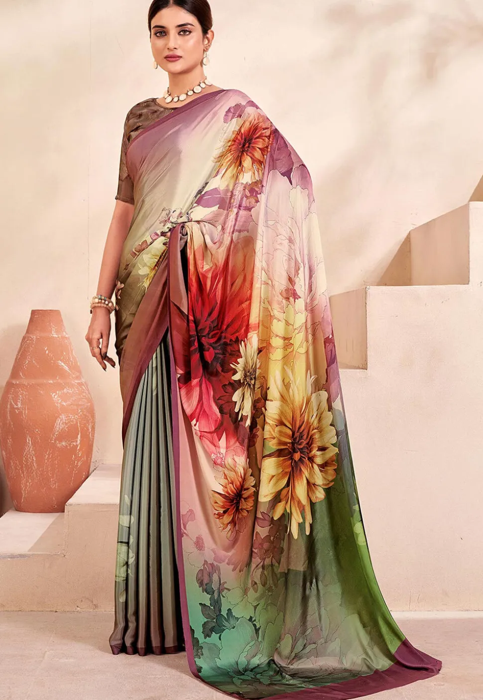 Digital Printed Crepe Silk Saree in Multicolor