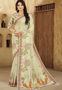 Digital Printed Crepe Silk Saree in Cream