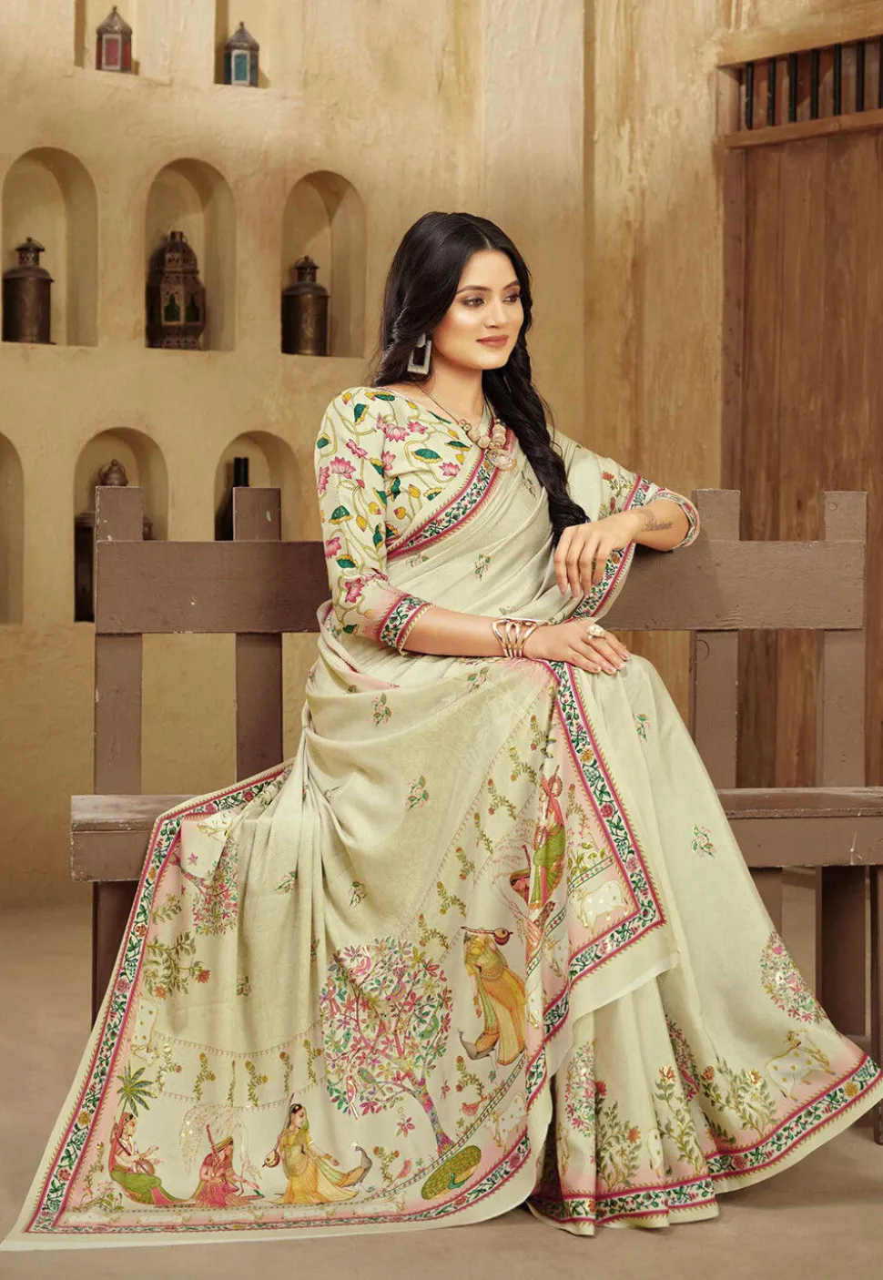 Digital Printed Crepe Silk Saree in Cream