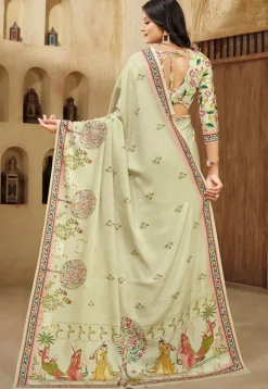 Digital Printed Crepe Silk Saree in Cream