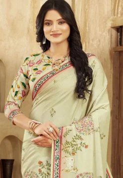 Digital Printed Crepe Silk Saree in Cream