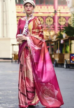 Digital Printed Crepe Silk Saree in Pink