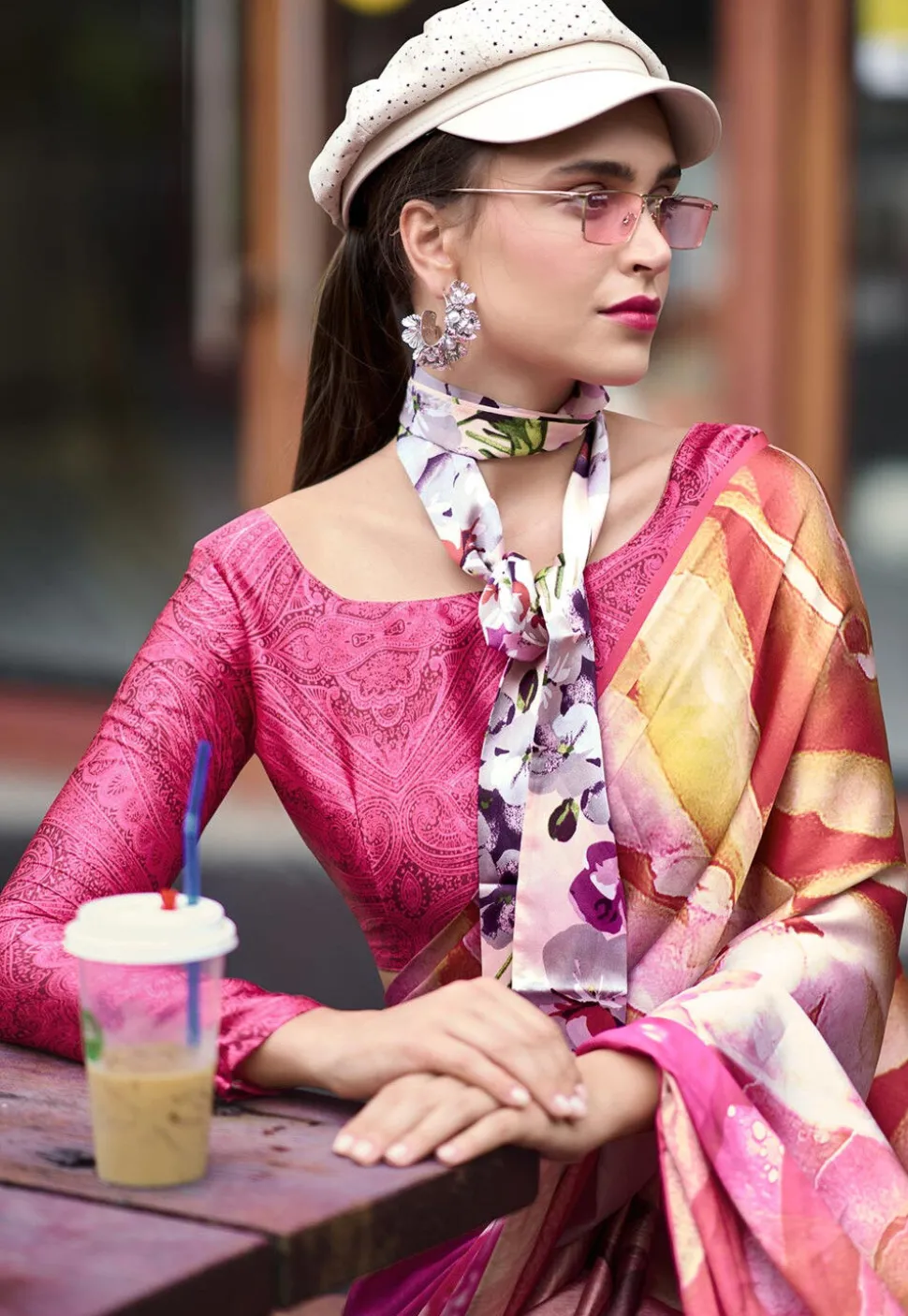 Digital Printed Crepe Silk Saree in Pink