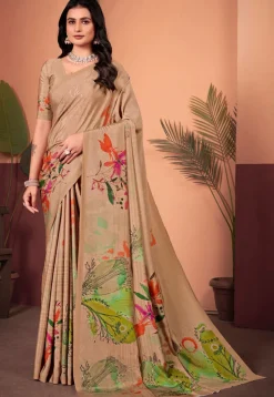 Digital Printed Crepe Silk Saree in Beige