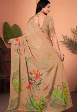 Digital Printed Crepe Silk Saree in Beige