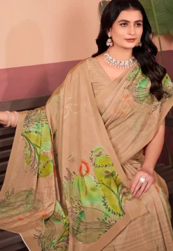 Digital Printed Crepe Silk Saree in Beige