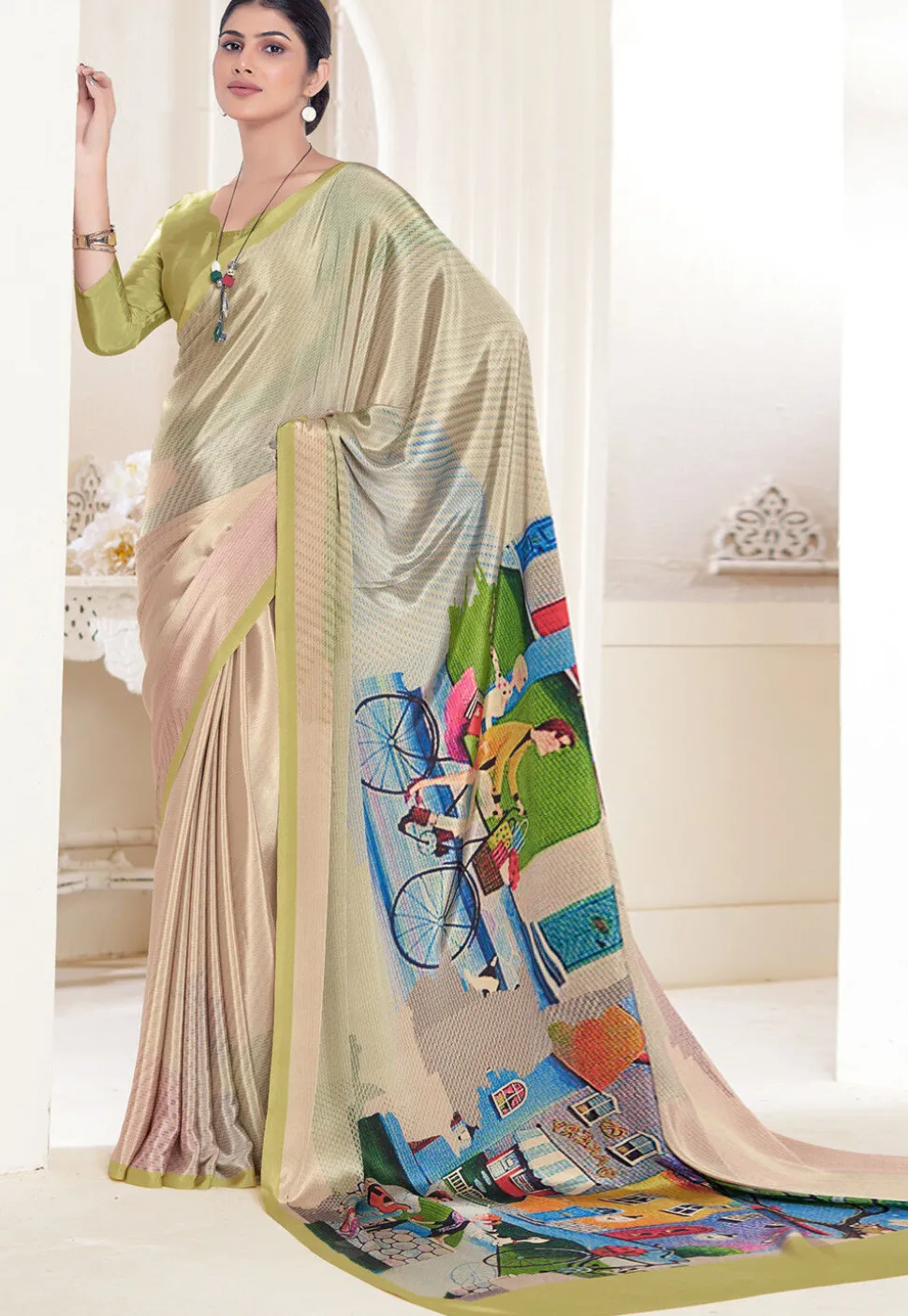 Digital Printed Crepe Silk Saree in Beige