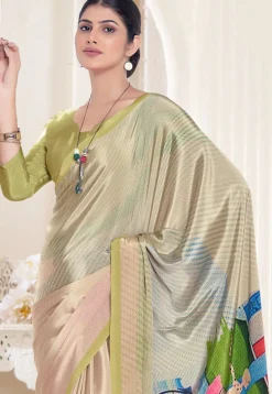 Digital Printed Crepe Silk Saree in Beige
