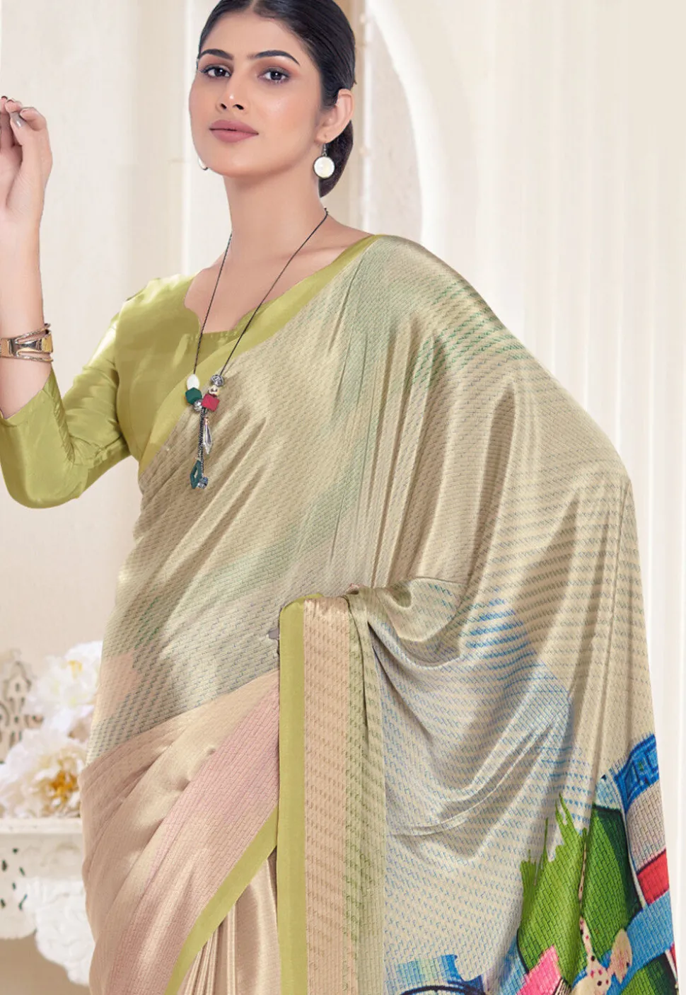Digital Printed Crepe Silk Saree in Beige