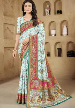 Digital Printed Crepe Silk Saree in Light Blue