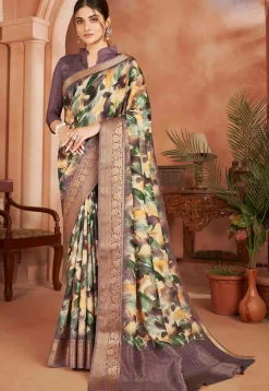 Digital Printed Crepe Silk Saree in Beige