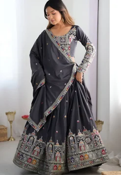Digital Printed Crepe Silk Lehenga in Grey