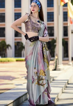 Digital Printed Crepe Silk Saree in Grey