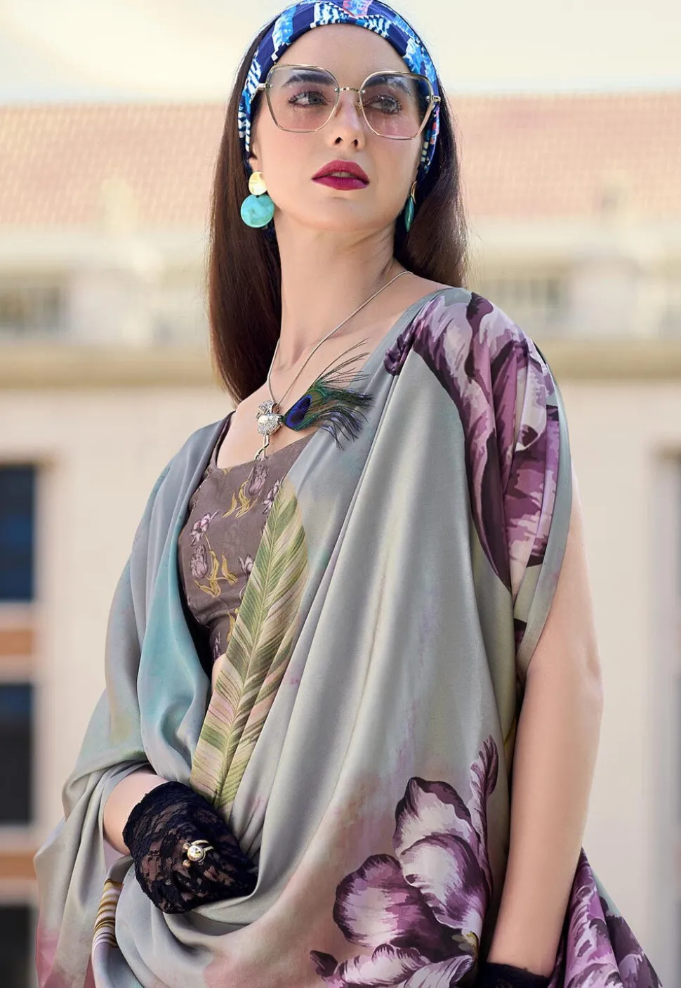 Digital Printed Crepe Silk Saree in Grey