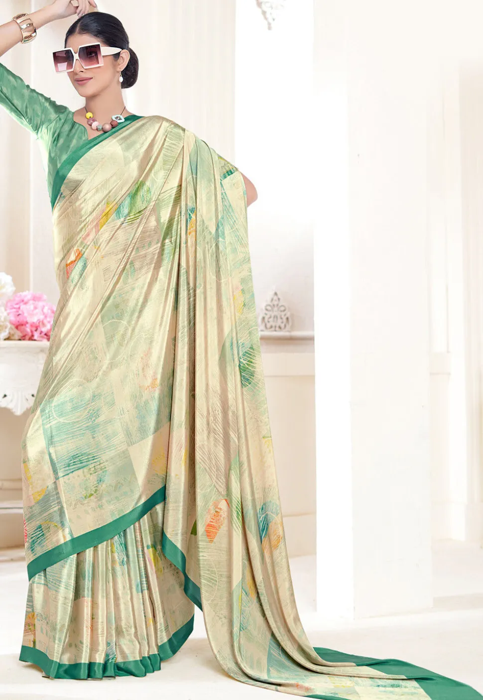 Digital Printed Crepe Silk Saree in Cream