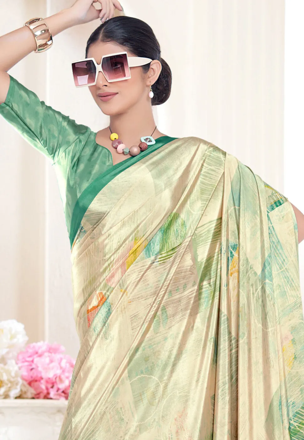 Digital Printed Crepe Silk Saree in Cream