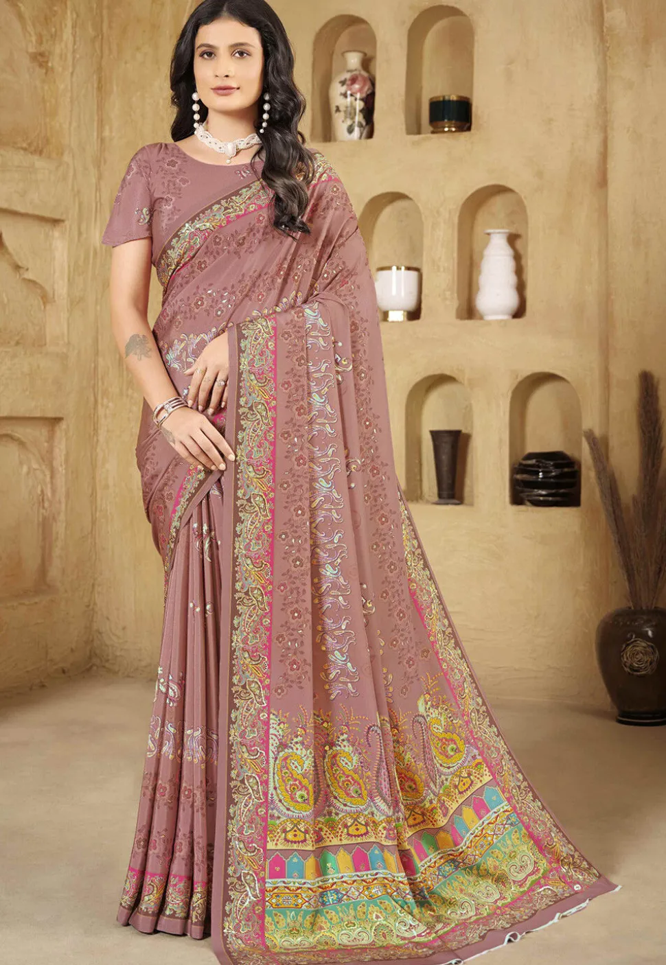 Digital Printed Crepe Silk Saree in Old Rose