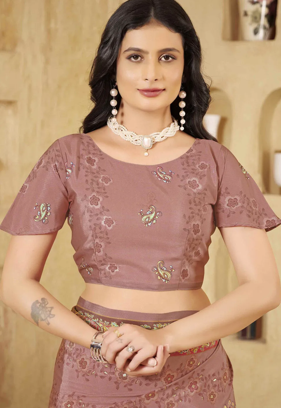 Digital Printed Crepe Silk Saree in Old Rose