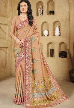 Digital Printed Crepe Silk Saree in Peach