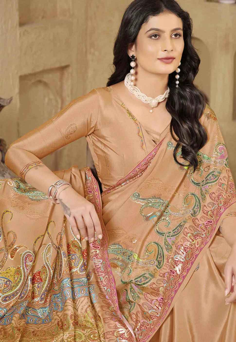 Digital Printed Crepe Silk Saree in Peach