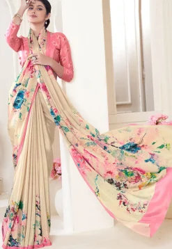 Digital Printed Crepe Silk Saree in Cream