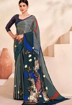 Digital Printed Crepe Silk Saree in Grey