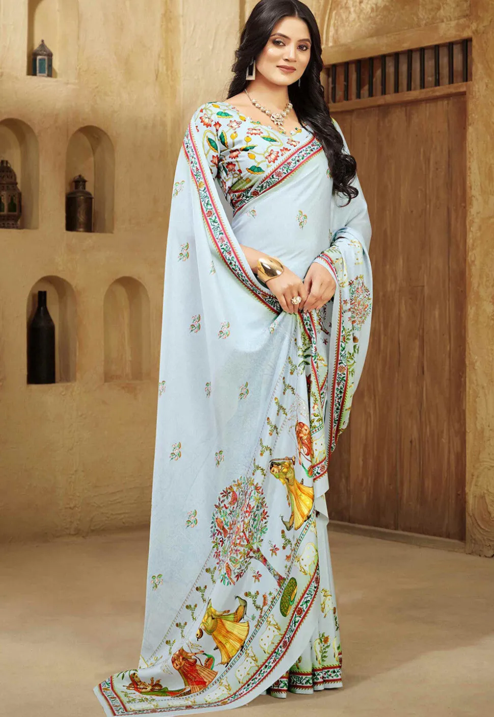 Digital Printed Crepe Silk Saree in Light Blue
