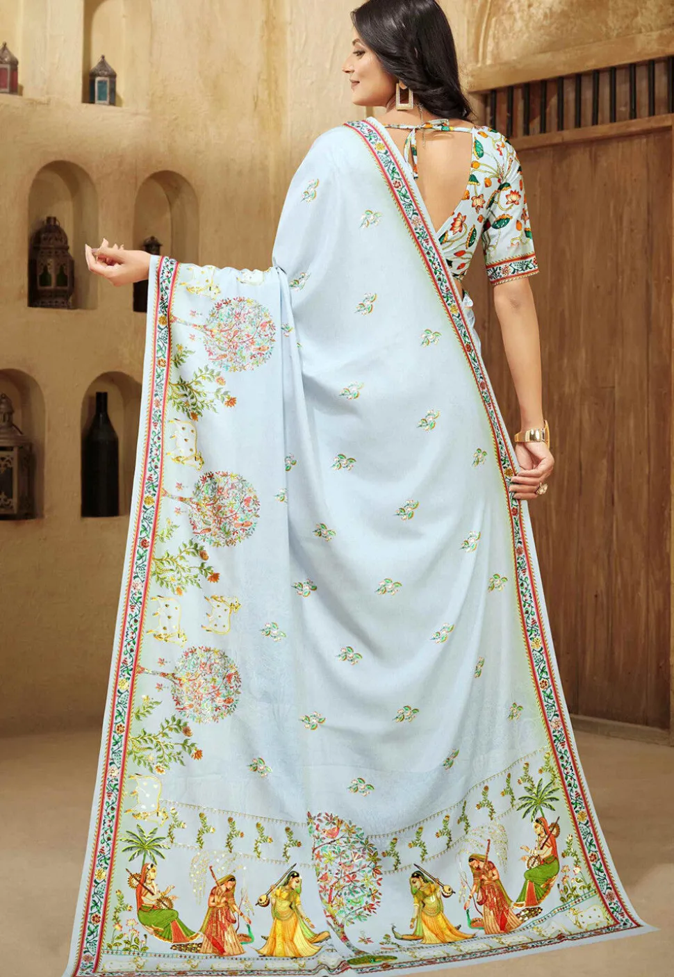 Digital Printed Crepe Silk Saree in Light Blue
