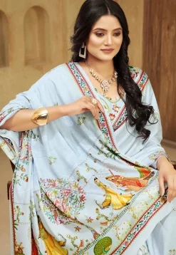 Digital Printed Crepe Silk Saree in Light Blue