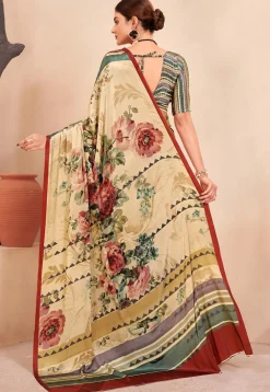 Digital Printed Crepe Silk Saree in Beige