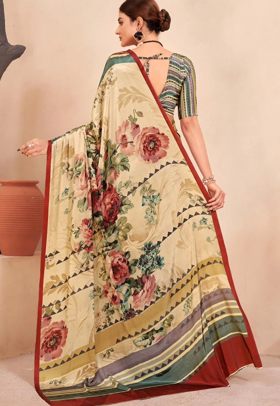 Digital Printed Crepe Silk Saree in Beige