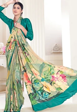 Digital Printed Crepe Silk Saree in Beige & Green