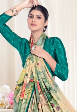 Digital Printed Crepe Silk Saree in Beige & Green
