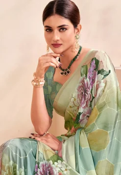Digital Printed Crepe Silk Saree in Dusty Green