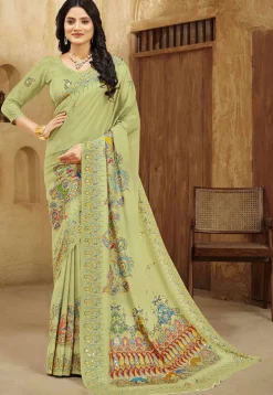 Digital Printed Crepe Silk Saree in Light Green