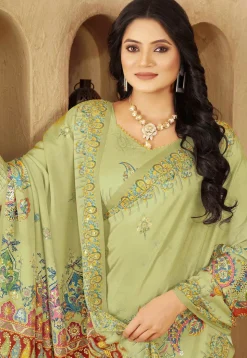 Digital Printed Crepe Silk Saree in Light Green