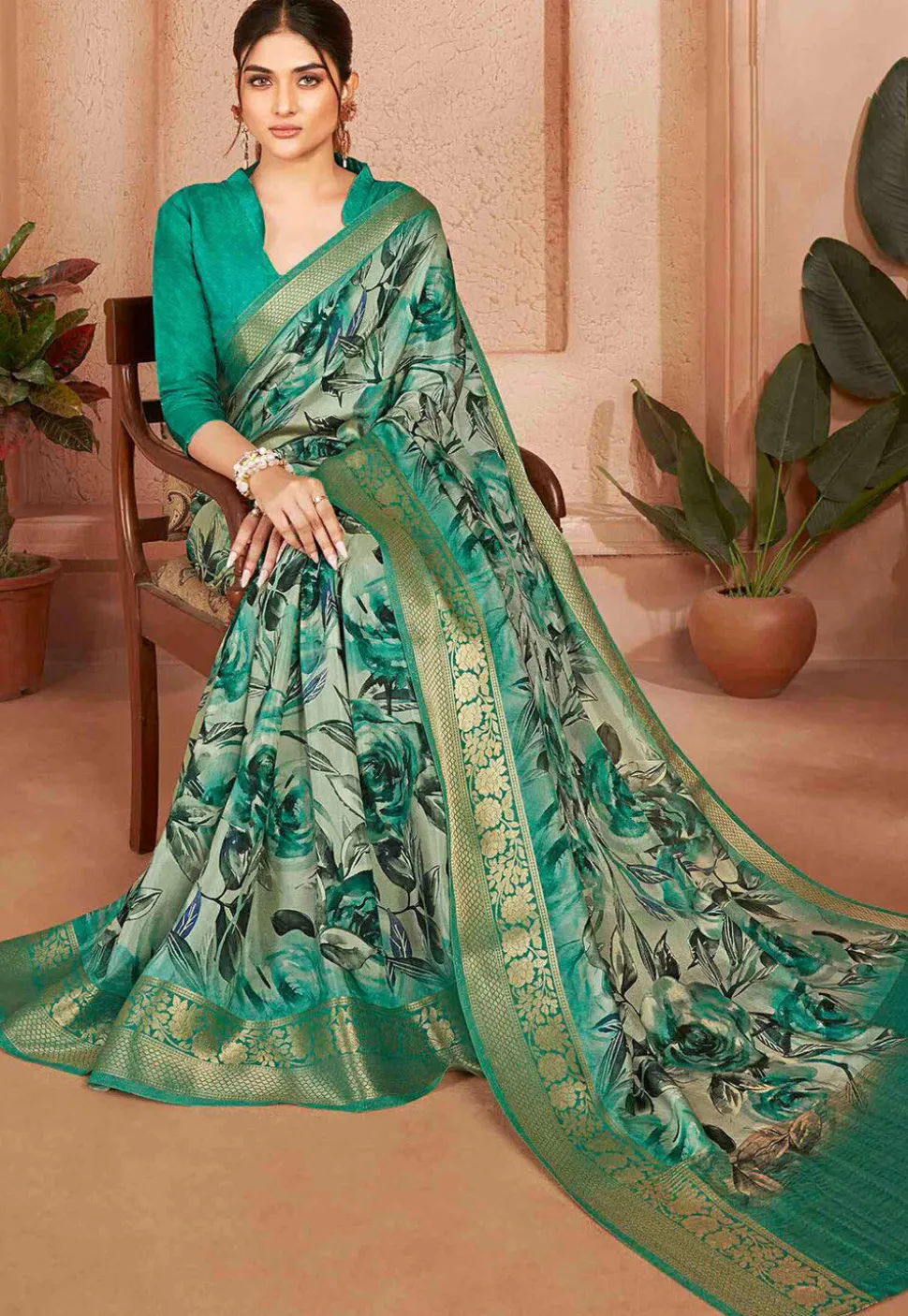 Digital Printed Crepe Silk Saree in Green