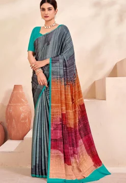 Digital Printed Crepe Silk Saree in Grey and Multicolor