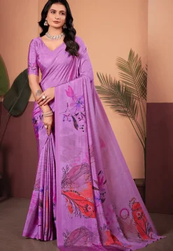 Digital Printed Crepe Silk Saree in Purple